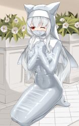 1852489 1girl absurdres animal_ear_headwear bdsm bondage bound commentary_request covered_navel fake_animal_ears full_body gag gagged guimpe highres latex long_hair nun one_eye_closed original own_hands_together plant potted_plant red_eyes seiza shiny_clothes sitting skin_tight sleepsack solo variant_set white_hair
