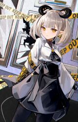 1girl :| absurdres ascot black_ascot black_dress black_horns black_pantyhose blunt_bangs broken_mirror caution_tape chromatic_aberration closed_mouth clothing_request dot_nose dress dutch_angle expressionless gem grey_hair hair_intakes highres holding horns indoors keep_out light_particles long_sleeves looking_at_viewer medium_hair mirror original pantyhose pointy_ears shattered shiro_wa_(shiroshironix) shirt side-tie solo upper_body white_shirt wide_sleeves yellow_eyes yellow_gemstone