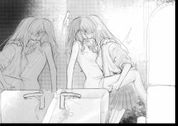 Rule 34 | 2girls, bang dream!, bang dream! it&#039;s mygo!!!!!, between legs, breasts, chihaya anon, commentary, faucet, funame111, greyscale, haneoka school uniform, hashtag-only commentary, highres, implied fingering, indoors, kiss, kissing cheek, large breasts, long hair, medium breasts, monochrome, multiple girls, nagasaki soyo, nipples, open clothes, open shirt, panties, panty pull, school uniform, sink, sleeves rolled up, sweat, underwear, yuri