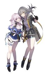 2girls acorn ankle_boots archery_shooting_glove black_boots black_choker black_coat black_corset black_gloves black_skirt blue_boots blue_eyes blue_jacket blue_skirt boots breasts buttons camera choker closed_mouth coat commentary_request corset dress_shirt earrings flower_ornament gloves grey_hair hair_between_eyes highres holding_hands honkai:_star_rail honkai_(series) jacket jewelry long_sleeves looking_at_viewer march_7th_(honkai:_star_rail) march_7th_(preservation)_(honkai:_star_rail) medium_breasts medium_hair miniskirt multicolored_boots multicolored_eyes multiple_girls one_eye_closed open_mouth partially_fingerless_gloves pink_eyes pink_hair pleated_skirt shirt simple_background single_earring skirt sleeves_rolled_up smile stelle_(honkai:_star_rail) tare_(tonikaku_magaru) thigh_strap thumbs_up tied_jacket trailblazer_(honkai:_star_rail) twitter_username two-tone_boots two-tone_eyes underbust v white_background white_shirt yellow_eyes