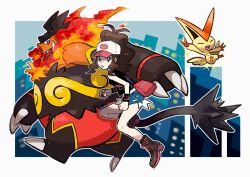 baseball_cap black_vest blue_shorts brown_hair commentary creatures_(company) denim denim_shorts emboar fire full_body game_freak gen_5_pokemon hat high_ponytail hilda_(pokemon) holding holding_poke_ball kokesa_kerokero legendary_pokemon long_hair looking_at_viewer mythical_pokemon nintendo pig poke_ball pokemon pokemon_(creature) pokemon_bw ponytail short_shorts shorts symbol-only_commentary v vest victini white_hat