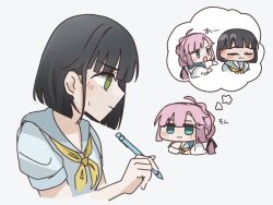 Rule 34 | 2girls, :|, ahoge, anyoji hime, black hair, blue dress, blue eyes, blue sailor collar, blunt bangs, blunt ends, blunt sidelocks, blush, bob cut, closed eyes, closed mouth, commentary request, dress, ear blush, expressionless, green eyes, hand on own chin, hasu no sora school uniform, holding, holding pencil, jacket, link! like! love live!, long hair, looking at another, love live!, mechanical pencil, mihasu ll, momose ginko, multi-tied hair, multiple girls, neckerchief, open clothes, open jacket, open mouth, pencil, ponytail, profile, puffy short sleeves, puffy sleeves, sailor collar, school uniform, short hair, short sleeves, sidelocks, simple background, speech bubble, stroking own chin, summer uniform, thinking, thought bubble, virtual youtuber, white background, white jacket, yellow neckerchief, yuri