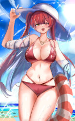 1girl absurdres bikini blue_sky blush breasts cleavage gold_necklace hat heart heart_necklace heterochromia highres holding holding_swim_ring hololive houshou_marine innertube jacket jewelry kurogomatcha large_breasts looking_at_viewer necklace red_bikini red_eyes red_hair see-through_clothes see-through_jacket sky smile solo sun_hat swim_ring swimsuit twintails virtual_youtuber white_hat yellow_eyes