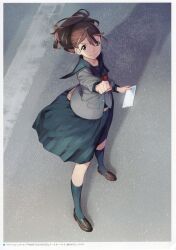 1girl absurdres belt belt_pouch blazer bow brown_hair brown_shoes chest_bow chuo_tanegashima_high_school_uniform chuo_tanegashima_high_winter_school_uniform clenched_hand from_above fukuda_tomonori full_body green_sailor_collar green_skirt green_socks grey_jacket hair_between_eyes hair_bun highres holding holding_tablet_pc jacket kneehighs leather_belt loafers long_hair looking_up miniskirt non-web_source outdoors outstretched_hand pavement pleated_skirt pouch reaching reaching_towards_viewer red_bow road robotics;notes sailor_collar school_uniform senomiya_akiho serafuku shadow shoes skirt smile socks solo standing street tablet_pc