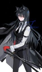 1girl absurdres animal_ear_fluff animal_ears arknights black_background black_hair black_jacket black_necktie black_pants black_vest breasts collared_shirt commentary formal_clothes frown gloves half-closed_eyes highres jacket jacket_on_shoulders long_hair looking_at_viewer medium_breasts meng_ziya multiple_swords necktie orange_eyes pants red_gloves sheath sheathed shirt solo suit texas_(arknights) two-tone_background vest weapon white_background white_shirt wolf_ears wolf_girl