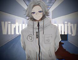 1boy aotsuki_eito arms_behind_back blue_eyes glasses grey_hair highres jacket jamiroquai looking_at_viewer male_focus short_hair smile solo song_name sparrowhabird the_hundred_line_-last_defense_academy- upper_body virtual_insanity_(song) white_jacket
