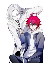 2boys aotsuki_eito black_gloves black_hair blue_eyes closed_mouth drawstring frown glasses gloves hood hoodie long_sleeves looking_at_viewer male_focus multicolored_hair multiple_boys open_mouth parted_hair red_hair simple_background sitting standing streaked_hair sumino_takumi teeth the_hundred_line_-last_defense_academy- upper_teeth_only white_background white_hair white_hoodie