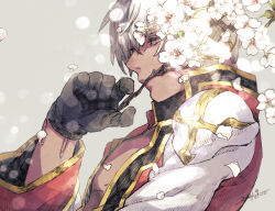 1boy black_coat black_gloves branch coat commentary_request dark-skinned_male dark_skin dated flower gloves grey_background hair_between_eyes high_priest_(ragnarok_online) layered_clothes long_sleeves looking_at_viewer looking_to_the_side male_focus mouth_hold multicolored_coat pink_eyes ragnarok_online ragnarok_origin red_coat short_hair signature solo tokio_(okt0w0) two-tone_coat upper_body white_coat white_flower white_hair