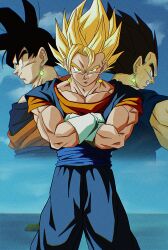 3boys anime_coloring black_eyes black_hair blonde_hair blue_pants blue_sash blue_shirt buraku_black cowboy_shot crossed_arms dougi dragon_ball dragonball_z earrings floating gloves green_eyes highres jewelry male_focus medium_hair midair multiple_boys muscular muscular_male orange_shirt pants potara_earrings sash shirt smirk solo_focus son_goku spiked_hair super_saiyan super_saiyan_1 vegeta vegetto white_gloves