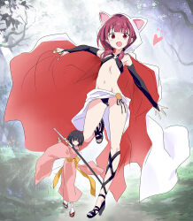 2girls animal_ears bikini black_bikini black_bridal_gauntlets black_hair bridal_gauntlets cape cat_ears character_request commentary_request copyright_request fake_animal_ears flat_chest forest high_heels hood hooded_cape japanese_clothes jewelry kawagishi_keitarou kimono low_twintails multiple_girls multiple_rings nature pink_kimono purple_eyes purple_hair red_eyes ring sandals sheath short_hair sling_bikini_top socks swimsuit sword twintails two-sided_cape two-sided_fabric unsheathing weapon white_cape white_socks