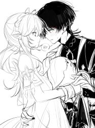 1boy 1girl aged_up anger_vein aranara_(genshin_impact) armlet bishounen blunt_ends bodysuit bow bracelet cape creature detached_sleeves dress eye_contact face-to-face genshin_impact greyscale hair_ornament half-closed_eyes half_crown_braid hand_on_another&#039;s_waist hetero highres holding holding_creature holding_hands interlocked_fingers japanese_clothes jewelry kimono kocokooo leaf leaf_hair_ornament long_hair looking_at_another mandarin_collar monochrome nahida_(genshin_impact) parted_lips pointy_ears scaramouche_(genshin_impact) shorts side_ponytail sidelocks sketch speech_bubble spoken_anger_vein sweatdrop tsurime upper_body vision_(genshin_impact) wanderer_(genshin_impact) white_background