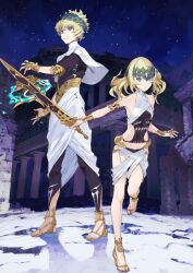 1boy 1girl alpha_castor ancient_greek_clothes armor bare_shoulders beta_pollux black_leggings black_panties black_shirt blonde_hair blue_sky breasts brother_and_sister capelet castor_(fate) closed_mouth clothing_cutout expressionless fate/grand_order fate_(series) floating floating_hair floating_object floating_weapon full_body game_cg gold_armlet gold_armor gold_belt gold_bracer gold_sandals greco-roman_clothes halterneck head_wreath holding holding_sword holding_weapon laurel_crown leg_up leggings long_hair looking_at_viewer midriff_peek night night_sky official_art outstretched_arm outstretched_arms panties pollux_(fate) sandals shield shirt short_hair siblings side_cutout sidelocks skirt sky small_breasts standing standing_on_one_leg star_(sky) starry_sky sword taiki_(luster) third-party_source three-quarter_sleeves toes turtleneck twins underwear variant_set weapon white_capelet white_skirt