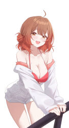 1girl absurdres ahoge bare_shoulders bikini blurry blush breasts brown_eyes brown_hair cleavage commentary_request depth_of_field gakuen_idolmaster hair_bun hanami_ume highres idolmaster jacket large_breasts long_sleeves looking_at_viewer off_shoulder open_mouth railing red_bikini short_hair simple_background single_hair_bun single_side_bun sleeves_past_wrists smile solo sukaliya swimsuit thighs white_background white_jacket