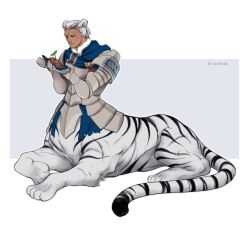 1boy animal_ears armor breastplate centauroid closed_mouth commentary dark-skinned_male dark_skin dedue_molinaro dedue_molinaro_(timeskip) dirt english_commentary fire_emblem fire_emblem:_three_houses fur_trim gauntlets holding looking_at_object lying male_focus monster_boy multiple_scars nintendo pauldrons plant ponytail ruebird scar scar_on_face scar_on_mouth scarf short_ponytail shoulder_armor smile solo sprout striped_fur tail taur tiger tiger_ears tiger_tail twitter_username white_fur white_hair white_tiger
