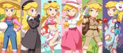 1girl alternate_costume bad_id bad_pixiv_id bikini binoculars blonde_hair blooper_(mario) blush boo_(mario) breath candy_apple cheep_cheep column_lineup dress eyewear_on_head fire_flower fireworks food gloves hat japanese_clothes kimono long_skirt looking_at_viewer mario_(series) mask mask_on_head nintendo one_eye_closed open_mouth overalls princess_peach princess_peach_(explorer) princess_peach_(farmer) princess_peach_(swimwear) princess_peach_(vacation) princess_peach_(wintertime) princess_peach_(yukata)_(super_mario_odyssey) riko_(sorube) sarong scarf skirt smile straw_hat sun_hat sunglasses super_mario_odyssey swimsuit turnip