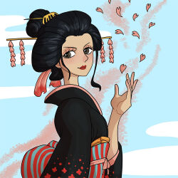 Rule 34 | 1girl, black hair, black kimono, brown eyes, commentary, english commentary, eyelashes, geisha, hair ornament, japanese clothes, kanzashi, kimono, looking to the side, loose hair strand, nico robin, nico robin (wano), obi, one piece, petals, pink petals, profile, red lips, sash, sidelocks, smile, solo, upper body, yamisnuffles