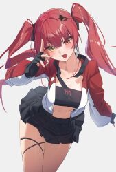 1girl black_shirt black_skirt breasts collarbone earrings fang fingerless_gloves gloves hair_ornament hair_ribbon hairclip hand_up heterochromia highres hololive houshou_marine jacket jewelry large_breasts long_sleeves looking_at_viewer multicolored_jacket navel open_clothes open_jacket open_mouth pleated_skirt red_eyes red_hair red_jacket reulem ribbon shirt skirt solo strapless thigh_strap tube_top twintails two-tone_jacket virtual_youtuber white_jacket yellow_eyes
