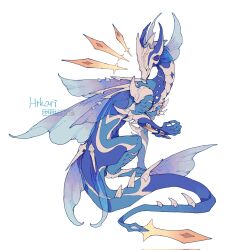 1boy animalization arm_guards beak blue_scales blue_skin chest_jewel colored_skin creature dragon elbow_spikes energy_sword fins from_behind from_side head_fins highres horns looking_back no_humans sharp_tail shoulder_fins shoulder_spikes shuini_xiaomao signature simple_background spiked_tail spikes spines star_(symbol) sword tail ultra_series ultraman_hikari ultraman_mebius_(series) weapon white_background white_scales