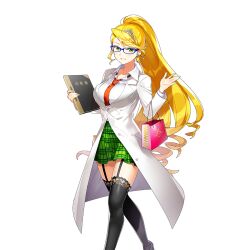 1girl bag black_garter_straps black_thighhighs blonde_hair braid breasts garter_straps glasses green_skirt holding holding_notebook lab_coat large_breasts long_hair masyu_yuyu necktie notebook paper_bag plaid_clothes plaid_skirt red_necktie shirt silver_tiara single_braid skirt thighhighs torte_zief uchi_no_hime-sama_ga_ichiban_kawaii white_shirt yellow_eyes