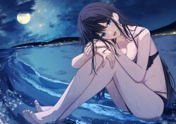 1girl absurdres bare_arms bare_legs barefoot beach bikini black_hair blue_eyes blush breasts cleavage cloud collarbone feet full_moon head_tilt highres long_hair medium_breasts moon mountainous_horizon night ocean open_mouth original senri_(senri_sen) sky smile solo star_(sky) starry_sky swimsuit toes very_long_hair wet