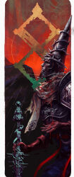 Rule 34 | 1boy, absurdres, armor, blasphemous, blood, blood on armor, blood on clothes, blood on gloves, blue robe, border, breastplate, brown gloves, commentary, cowboy shot, gloves, grey scarf, helmet, highres, holding, holding sword, holding weapon, male focus, mask, orange sky, penitent one, robe, scarf, shoulder armor, sky, solo, sword, tarot, tworain w, weapon, white border