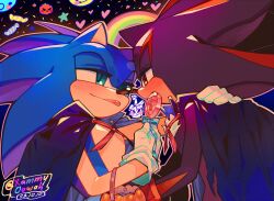 2boys animal_ears animal_nose aqua_eyes artist_name basket black_background black_cape black_fur blue_bow blue_fur blush body_fur bow candy cape closed_mouth commentary dated english_commentary fang food furry furry_male gloves half-closed_eyes halloween halloween_bucket halloween_costume heart hedgehog_boy highres holding holding_candy holding_food holding_lollipop lollipop looking_at_another male_focus multiple_boys open_mouth rainbow red_eyes red_fur shadow_the_hedgehog smile sonic_(series) sonic_the_hedgehog teeth tongue tongue_out torn_cape torn_clothes two-tone_fur upper_body usheriiu white_gloves yaoi