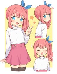 1girl black_thighhighs blue_eyes blush breasts closed_eyes closed_mouth commentary_request long_hair long_sleeves looking_at_viewer miniskirt multiple_views onyhakase open_mouth original pink_hair pink_skirt side_ponytail simple_background skirt small_breasts smile sweater thighhighs tongue tongue_out v white_sweater yellow_background