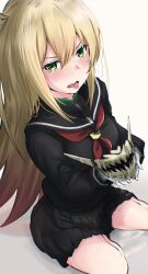 Rule 34 | 1girl, black skirt, blonde hair, blush, cum, cum in mouth, cum on body, cum on hands, cum on mask, cum on tongue, furrowed brow, gloves, green eyes, hair between eyes, hands up, highres, long hair, long sleeves, looking at viewer, mask, mouth mask, neckerchief, open mouth, red neckerchief, school uniform, sentai daishikkaku, serafuku, simple background, skirt, solo, tearing up, tears, teeth print mask, tongue, tongue out, very long hair, white background, white gloves