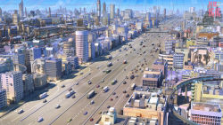 arsenixc box_truck bridge building bus car city cityscape copyright_notice divided_highway dome factory game_cg highres highway monorail motor_vehicle multi-lane_road nikki_(series) official_art official_wallpaper original road scenery semi_truck shining_nikki shinning_nikki sky steam street train truck van