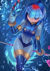 1girl android arm_support blue_eyes blush bodysuit bracelet bubble capcom crossed_legs dragon extra_eyes fairy_leviathan_(mega_man) female_focus from_above gloves helmet highres ice_dragon inti_creates jewelry looking_to_the_side mega_man_(series) mega_man_zero_(series) red_eyes shiny_clothes sitting sitting_on_object smile solo solo_focus tesshii_(riza4828) underwater water weapon white_gloves
