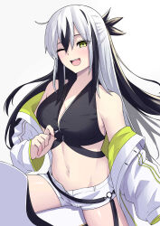 1girl absurdres black_hair breasts crop_top fate/grand_order fate_(series) highres jacket long_hair medium_breasts midriff multicolored_hair nagao_kagetora_(fate) natu_zame navel one_eye_closed partially_unzipped shorts smile two-tone_hair uesugi_kenshin_(fate) uesugi_kenshin_(second_ascension)_(fate) unzipping white_hair white_jacket white_shorts yellow_eyes