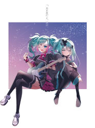 2girls absurdres aqua_hair black_pantyhose black_shirt black_skirt black_thighhighs blue_eyes blue_sky blush border bow bowtie commentary frown full_body gradient_hair gradient_sky guitar hair_ornament hatsune_miku highres hugging_own_legs instrument kowareta_sekai_to_utaenai_miku leo/need_miku long_hair long_sleeves miku_day multicolored_hair multiple_girls one_eye_closed open_mouth pantyhose pink_bow pink_bowtie pink_hair pink_skirt pink_sky project_sekai shirt shoes short_sleeves skirt sky sneakers solo thighhighs translation_request twintails batsu_miku vocaloid wanderlands_k white_shoes wrist_cuffs x_hair_ornament