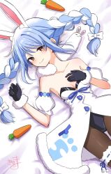 1girl animal_ear_fluff animal_ears bare_shoulders bed_sheet black_gloves black_leotard blue_hair bow braid breasts brown_pantyhose carrot cleavage closed_mouth commentary_request detached_sleeves don-chan_(usada_pekora) dress dutch_angle fur-trimmed_dress fur-trimmed_gloves fur_trim gloves hair_bow highres hololive kiritoma leotard long_hair lying multicolored_hair on_back pantyhose puffy_short_sleeves puffy_sleeves rabbit-shaped_pupils rabbit_ears red_eyes short_eyebrows short_sleeves signature small_breasts smile solo strapless strapless_dress strapless_leotard symbol-shaped_pupils thick_eyebrows twin_braids twintails two-tone_hair usada_pekora usada_pekora_(1st_costume) very_long_hair virtual_youtuber white_bow white_dress white_hair white_sleeves