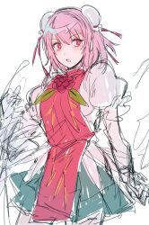 1girl bun_cover double_bun flower green_skirt hair_bun highres ibaraki_kasen juliet_sleeves long_sleeves looking_at_viewer open_mouth pink_hair puffy_sleeves quatro10257041 red_eyes red_flower short_hair simple_background sketch skirt solo tabard touhou white_background