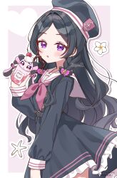1girl absurdres arm_at_side black_dress black_hair black_hat blush border commentary cowboy_shot dress drop_shadow hand_up hat highres hiiragi_syuu holding kimi_to_idol_precure long_hair looking_at_viewer meroron_(human_form) meroron_(precure) neckerchief outline parted_bangs parted_lips personification pink_background pink_neckerchief precure purple_eyes sailor_collar simple_background solo watermark wavy_hair white_background white_sailor_collar
