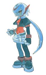 1girl aged_up aile_(mega_man_zx) aile_(mega_man_zx)_(cosplay) black_footwear black_jacket bracelet breasts cosplay cropped_jacket frown fusion hand_up highres jacket jewelry looking_at_viewer low_ponytail mega_man_(series) mega_man_zx multicolored_hair ponytail red_eyes red_hair red_shirt robot_ears sage_(sonic) shirt short_hair_with_long_locks short_sleeves shorts simple_background small_breasts sonic_(series) sonic_frontiers streaked_hair tokiwa757 two-tone_hair white_background white_hair white_shorts