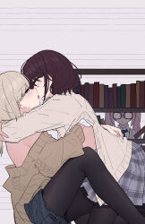 Rule 34 | 3girls, black pantyhose, blush, bookshelf, brown hair, brown sweater, cardigan, commentary request, french kiss, girls band cry, glasses, grey cardigan, grey eyes, grey hair, grey skirt, hair down, highres, hina (girls band cry), iseri nina, kawaragi momoka, kiss, long hair, long sleeves, multiple girls, off shoulder, pantyhose, pantyhose under shorts, pink hair, pleated skirt, saliva, shorts, skirt, sweater, twintails, undressing another, yun cao bing, yuri