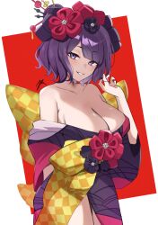 1girl bare_shoulders breasts cleavage collarbone commentary fate/grand_order fate_(series) flower hair_flower hair_ornament highres japanese_clothes katsushika_hokusai_(fate) kimono parted_lips purple_eyes purple_hair purple_kimono short_hair smile solo two-tone_background zet_(twt_zet)