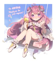 1girl :q blush cloneko_(zelmeledf2) closed_mouth commentary_request commission double_bun dress food full_body hair_bun highres holding holding_food holding_ice_cream ice_cream indie_virtual_youtuber long_hair off-shoulder_dress off_shoulder on_swing pink_hair purple_eyes signature sitting skeb_commission solo swing tongue tongue_out