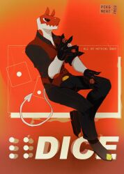 1boy artist_logo artist_name black_gloves black_pants black_sclera black_shirt brown_footwear claws closed_mouth collared_shirt colored_sclera colored_skin commentary demon_boy demon_horns demon_tail dice english_commentary english_text full_body furry furry_male gloves hand_up highres holding holding_dice horns invisible_chair logo looking_at_viewer male_focus orange_background original pants red_eyes red_skin red_vest shirt sitting smile solo tail trina_(pckgmeat) vest white_skin