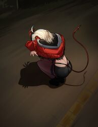 1girl absurdres ahoge antenna_hair arknights ass black_shorts cat_shadow_puppet_(meme) commentary crop_top cropped_jacket english_commentary full_body grey_hair highleg highres jacket long_sleeves meme multicolored_hair red_hair red_jacket red_tail saturdaylight shadow short_hair short_shorts shorts solo squatting streaked_hair tail tail_raised w_(arknights) wis&#039;adel_(arknights)