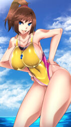 blue_eyes breasts brown_hair byakkun_(byakkun8181) competition_swimsuit curvy hand_on_own_hip hands_on_own_hips highleg highleg_one-piece_swimsuit highres large_breasts looking_at_another mazaki_anzu one-piece_swimsuit open_mouth plump ponytail smile swimsuit whistle whistle_around_neck yu-gi-oh!