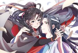 Rule 34 | 2boys, ahoge, bishounen, black hair, black hanfu, chinese clothes, closed mouth, eye contact, eyelashes, falling petals, floating clothes, floating hair, grey eyes, hair bun, hair ribbon, hanfu, headband, highres, holding hands, interlocked fingers, kimako (kimako 8), lan wangji, long hair, long sleeves, looking at another, male focus, modao zushi, multiple boys, petals, ponytail, red ribbon, ribbon, robe, sidelocks, simple background, sleeves past wrists, smile, topknot, upper body, watermark, wei wuxian, white background, white hanfu, white headband, white petals, wide sleeves, wind, xiao guan (headdress), yaoi, yellow eyes