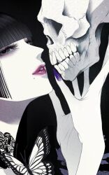 1girl animal_print black_background black_choker black_hair blunt_bangs bug butterfly butterfly_print choker eyeshadow green_eyes highres holding holding_skull insect looking_at_object makeup mole mole_under_mouth original pale_skin parted_lips portrait purple_eyeshadow purple_lips purple_nails satsuki_kei skull solo teeth tsurime