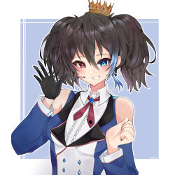 1girl absurdres aho8naho alternate_costume black_hair blazer blue_background blue_eyes blue_hair blue_shirt blush border colored_bangs commission crown earrings fingernails grin hair_between_eyes hands_up heterochromia highres jacket jewelry lapels long_sleeves looking_at_viewer microphone multicolored_hair notched_lapels outstretched_hand red_eyes red_nails shirt short_hair sleeveless sleeveless_jacket smile solo streaked_hair twintails upper_body utau vgen_commission white_border white_shirt yokune_ruko