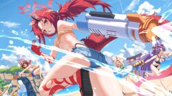 5girls animal_ears bare_shoulders beach bikini black_bikini blue_archive blush breasts brown_hair cleavage denim denim_shorts dragon_tail fox_ears fox_girl fox_tail grin halo highres horns izuna_(blue_archive) izuna_(swimsuit)_(blue_archive) large_breasts long_hair looking_at_viewer multiple_girls navel ponytail purple_eyes purple_hair red_eyes red_hair renge_(blue_archive) renge_(swimsuit)_(blue_archive) short_hair shorts single_horn smile swimsuit tail tsuuhan visor_cap water_gun yellow_bikini yukari_(blue_archive) yukari_(swimsuit)_(blue_archive)