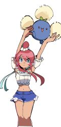 1girl bikini bikini_under_clothes bikini_under_shorts blue_eyes blue_shorts blush breasts closed_mouth collarbone crop_top denim denim_shorts gen_2_pokemon hair_ornament highres jumpluff looking_at_viewer midriff navel nintendo off-shoulder_shirt off_shoulder official_alternate_costume one_side_up piyo_(toripoke710) pokemon pokemon_(creature) pokemon_masters_ex red_hair shirt shorts sidelocks skyla_(pokemon) skyla_(summer_2025)_(pokemon) smile swimsuit