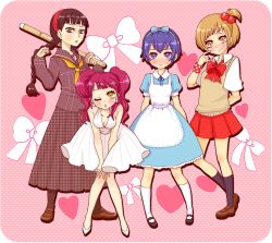Rule 34 | 4girls, alice (alice in wonderland), alice (alice in wonderland) (cosplay), alice in wonderland, amagi yukiko, apron, atlus, black hair, blonde hair, blue hair, blush, bow, braid, brown eyes, brown hair, cosplay, delinquent, dress, earrings, hair bow, hairband, headband, jewelry, kneehighs, kujikawa rise, marilyn monroe, mary janes, multiple girls, one eye closed, persona, persona 4, pink hair, pinkmm, purple eyes, satonaka chie, school uniform, serafuku, shirogane naoto, shoes, short hair, skirt, socks, sukeban, sweater vest, twintails, vest, wink, yellow eyes