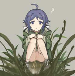1girl ahoge anus blue_eyes blue_hair blush grass hair_ornament hands_on_own_knees highres original outdoors peeing pixiv_104798521 pussy raincoat simple_background solo squatting wetland