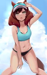 1girl :o absurdres adjusting_eyewear animal_ears aqua_sports_bra arm_up armpit_crease armpits bikini black_bikini black_streaks blue_sky breasts brown_eyes cleavage cloud cloudy_sky collarbone commentary commentary_request concentrating day english_commentary eyewear_on_head feet_out_of_frame highres horse_ears horse_girl horse_tail legs_apart medium_hair mixed-language_commentary miyama_mizuki_(hoshihoshi1220) multicolored_hair navel nice_nature_(umamusume) open_mouth outdoors red_hair sky solo sports_bra standing stomach streaked_hair swimsuit tail umamusume v-shaped_eyebrows visor_cap